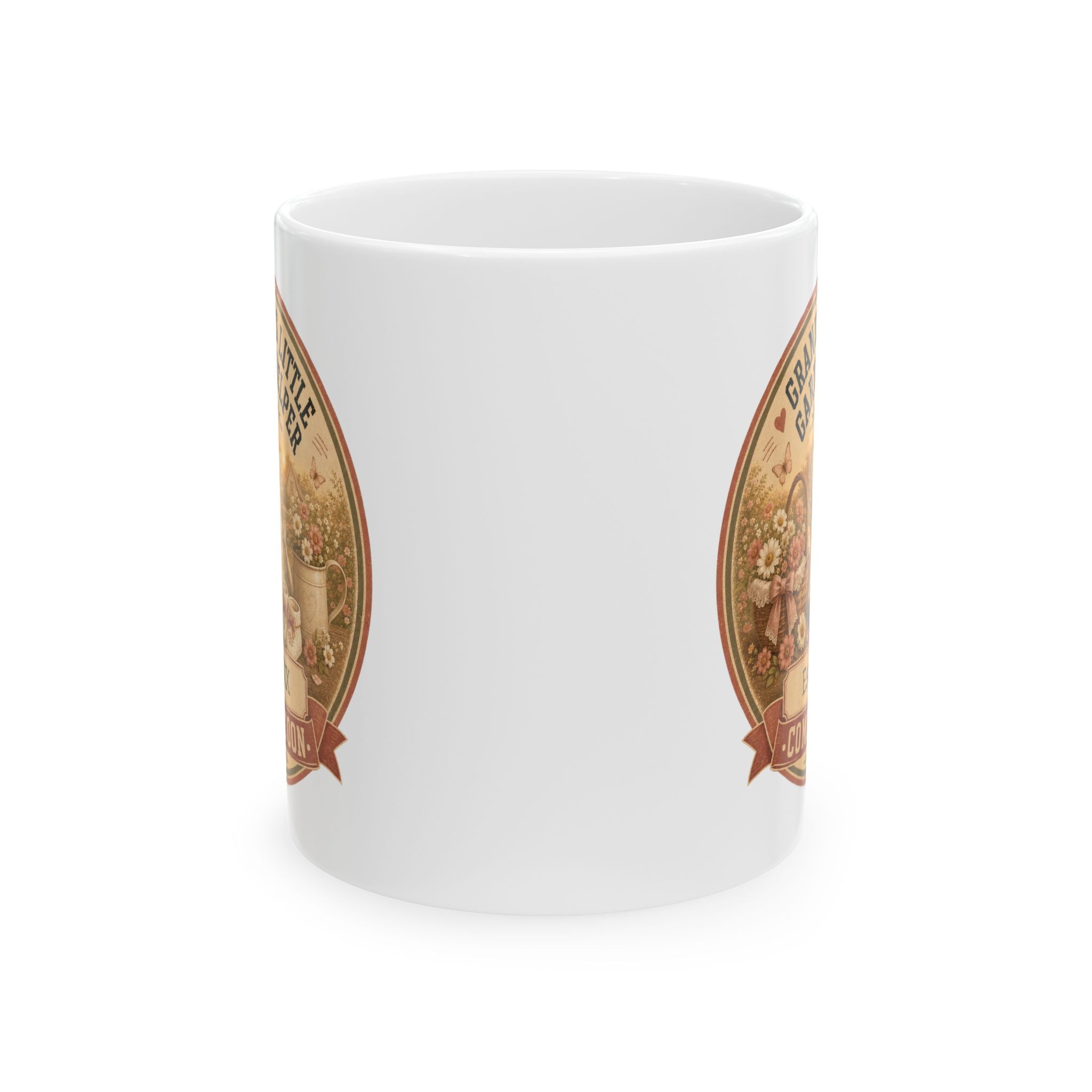 Gardening grandma gift mug 11oz - vintage cottage pregnancy reveal with Est 20XX and Coming Soon banner