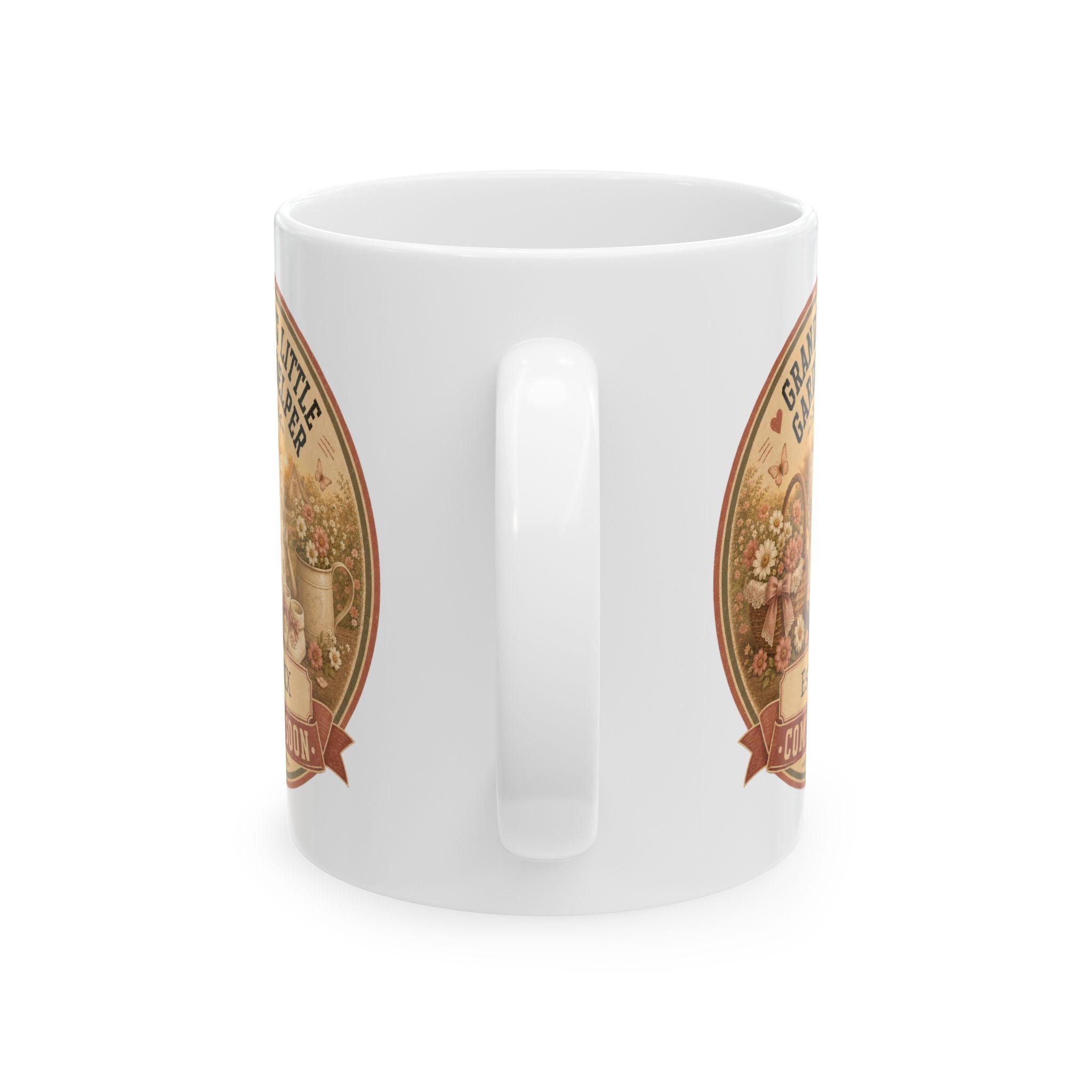 Pregnancy announcement mug for garden loving grandma - personalized with baby arrival year on white vintage cottage ceramic