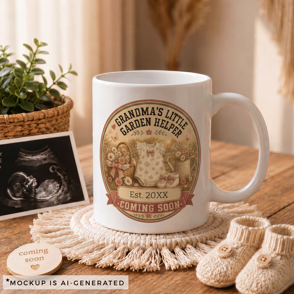 Pregnancy reveal mug for gardening grandma - Est 20XX Coming Soon cottage garden badge with baby romper and watering can on white ceramic