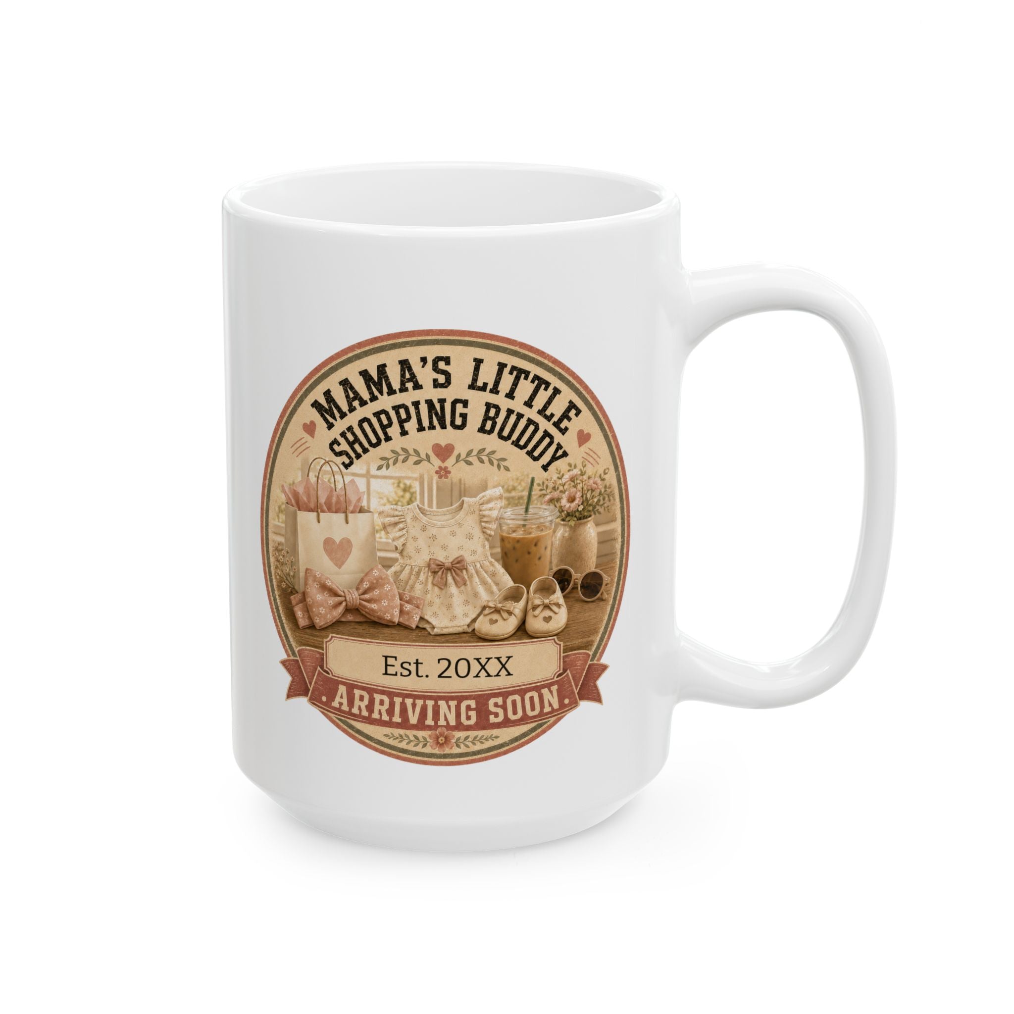Pregnancy announcement mug for mom 15oz - white ceramic with shopping buddy coquette design and baby romper illustration