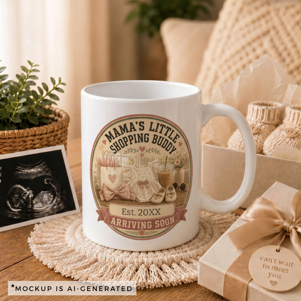 Close-up of Mamas Little Shopping Buddy mug - coquette design with ruffled baby romper Mary Jane shoes and heart shopping bag