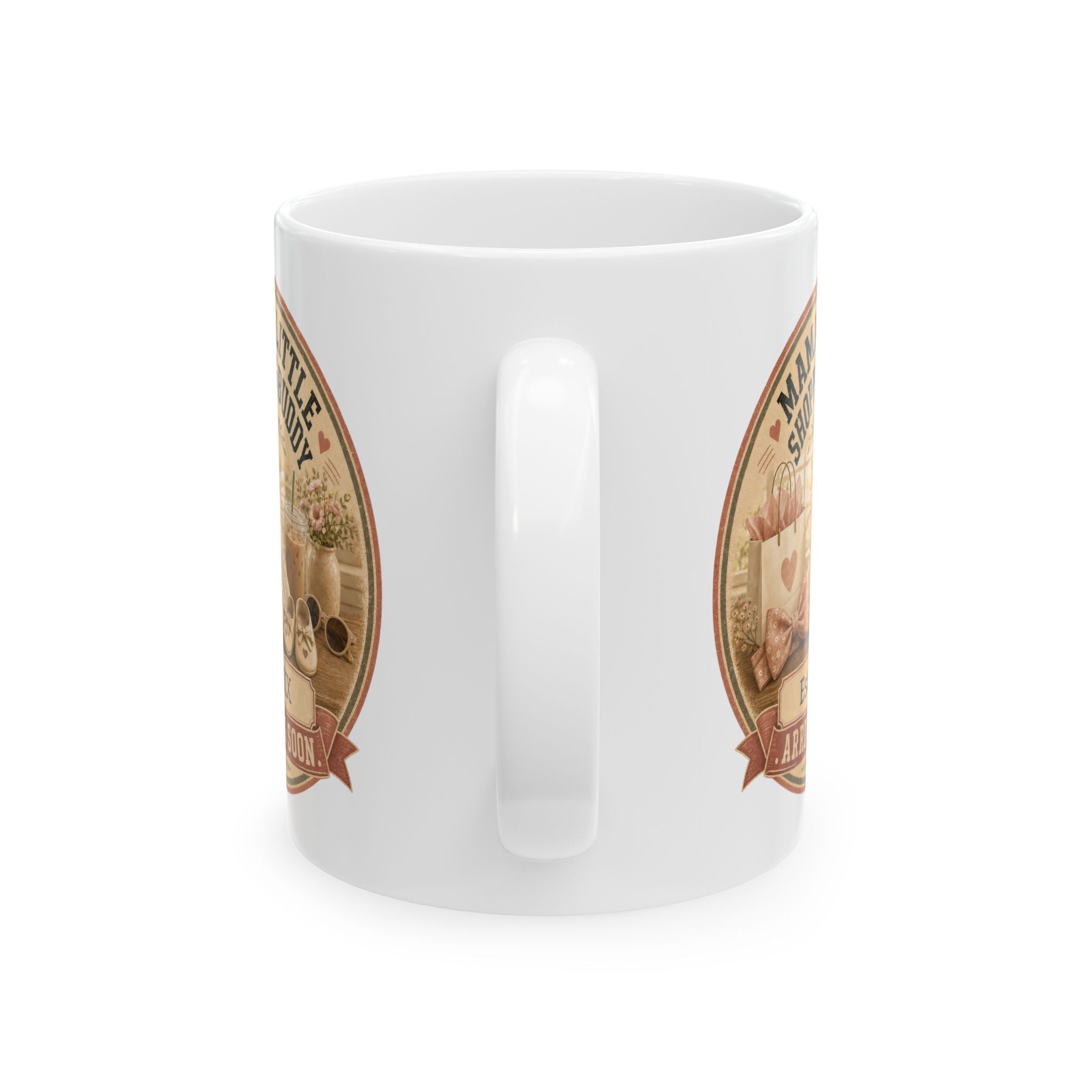 Pregnancy announcement mug for mom - personalized with baby arrival year on white coquette ceramic mug
