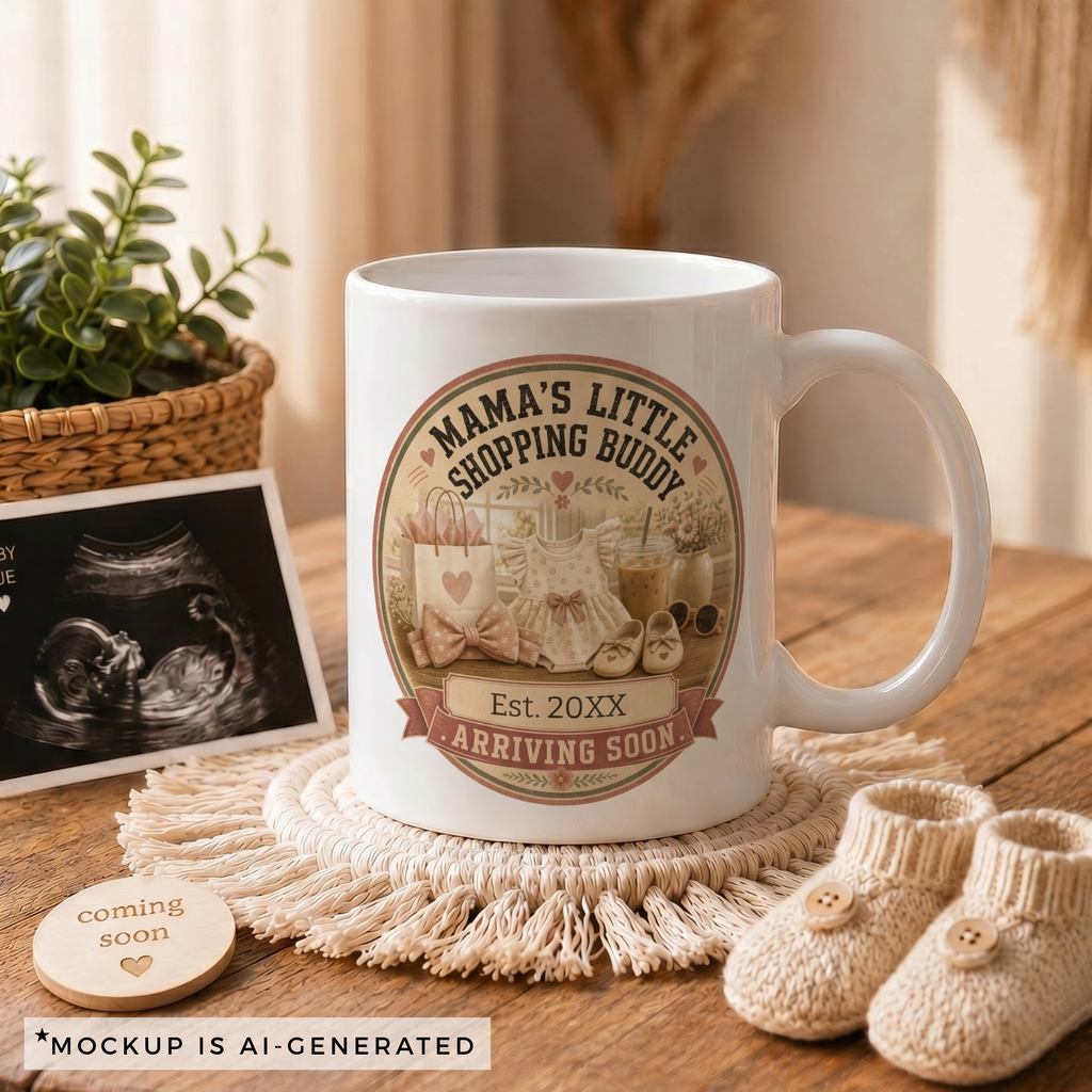 Pregnancy reveal mug for mom - Est 20XX Arriving Soon coquette badge with baby outfit and flowers on white ceramic