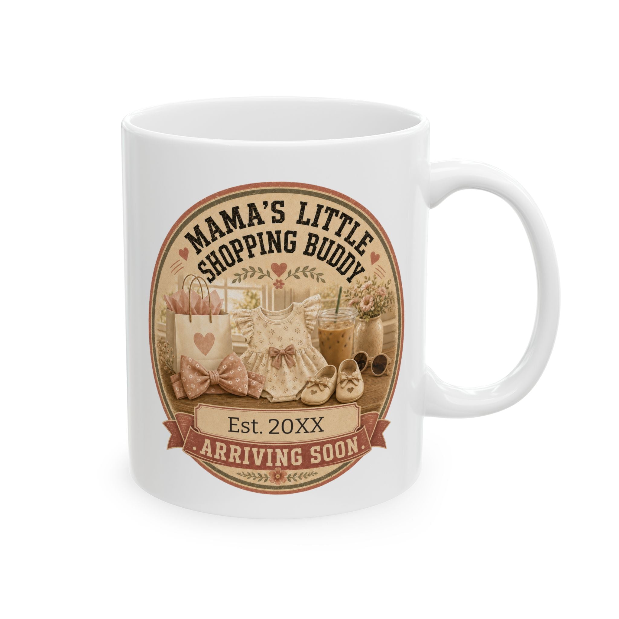 Mamas Little Shopping Buddy pregnancy announcement mug - coquette vintage badge with baby romper bow shopping bag and iced coffee on white 11oz ceramic