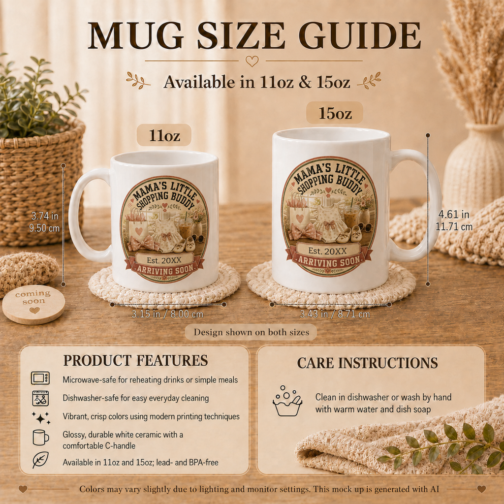 Mamas Little Shopping Buddy mug lifestyle - sweet coquette pregnancy reveal gift for fashion loving mom to be