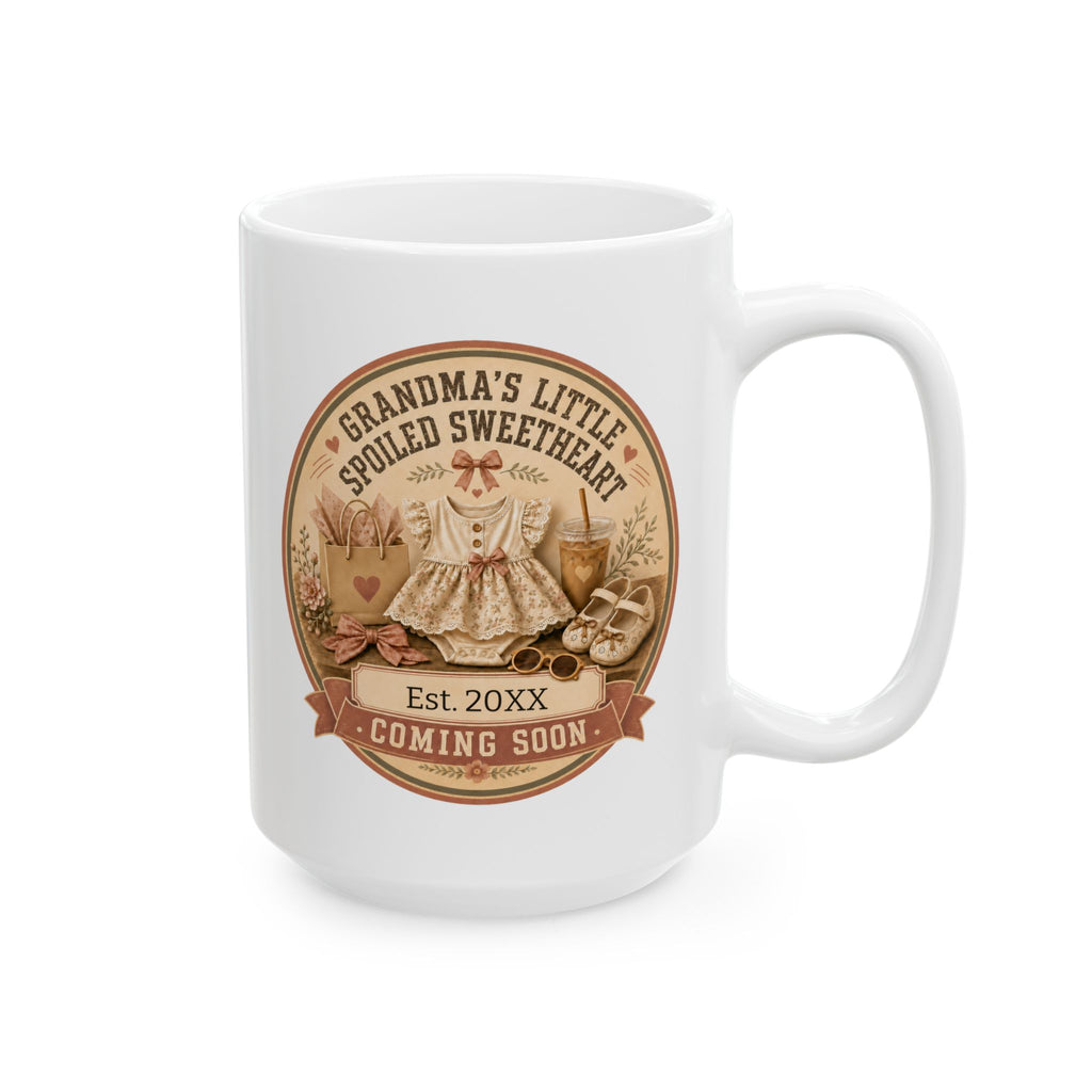Pregnancy announcement mug for grandma 15oz - white ceramic with spoiled sweetheart coquette design