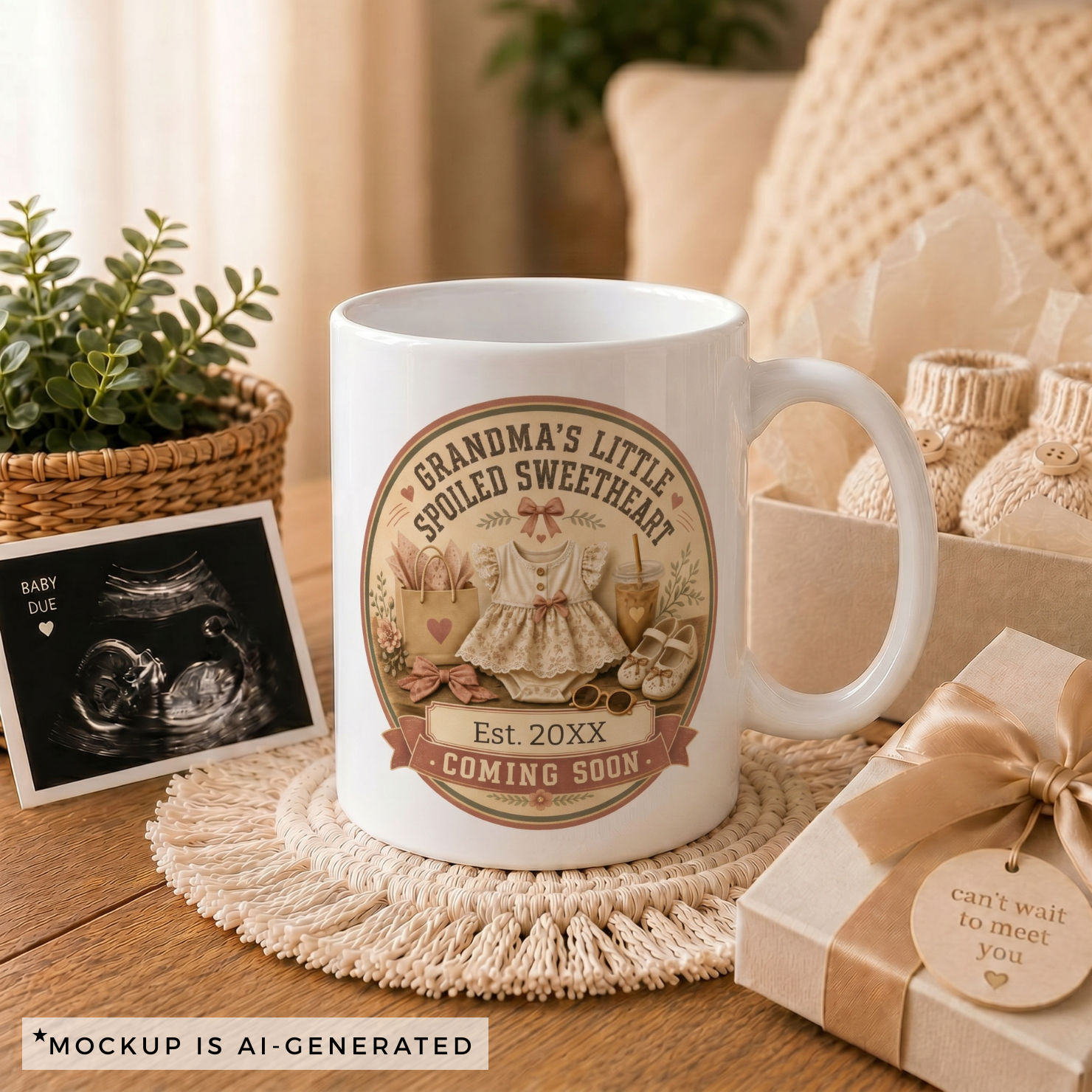 Close-up of Grandmas Little Spoiled Sweetheart mug - coquette design with ruffled baby dress heart bag and iced coffee