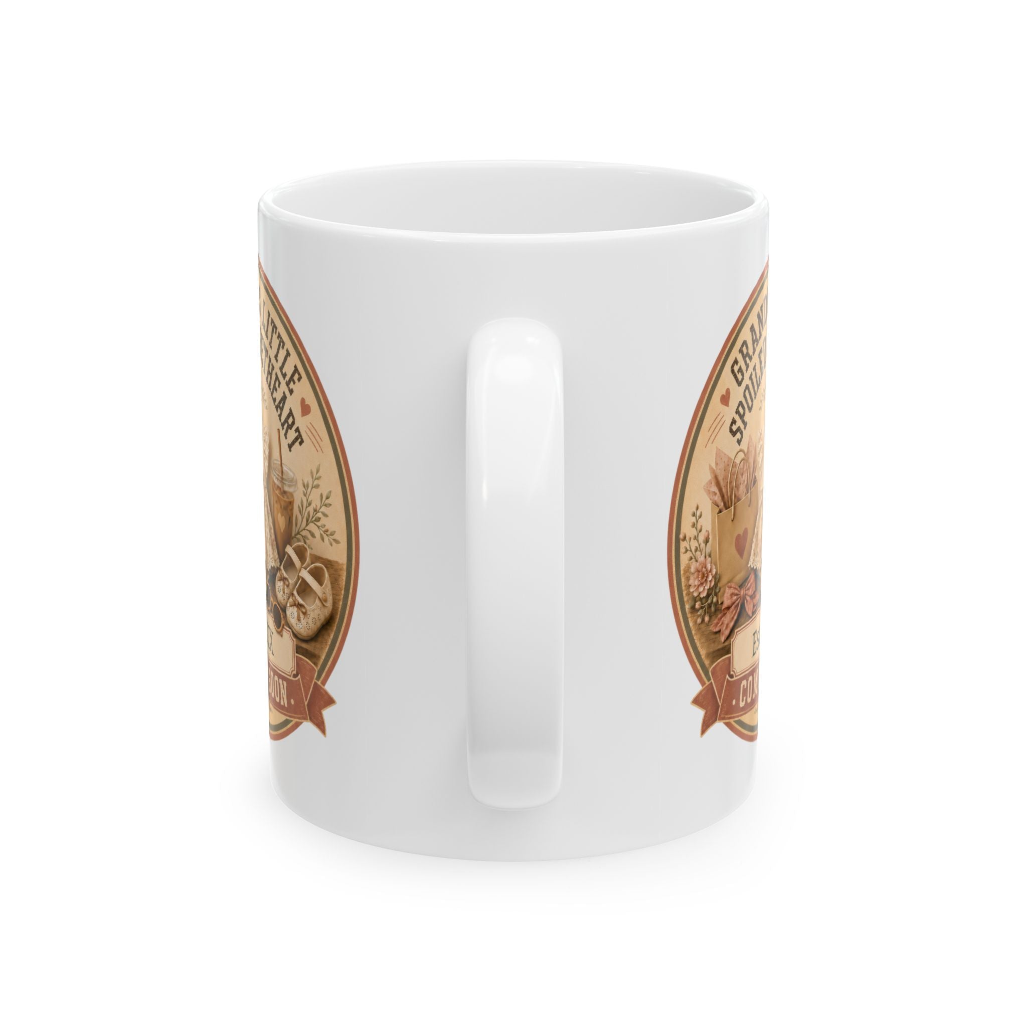 Pregnancy announcement mug for grandma - personalized with baby arrival year on white coquette ceramic mug