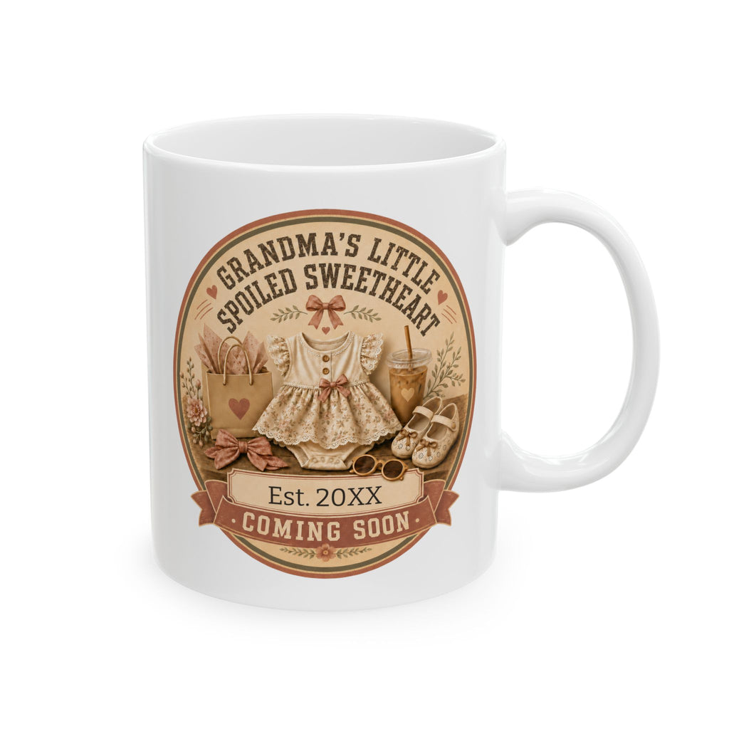 Grandmas Little Spoiled Sweetheart pregnancy announcement mug - coquette vintage badge with baby dress bow shopping bag and iced coffee on white 11oz ceramic