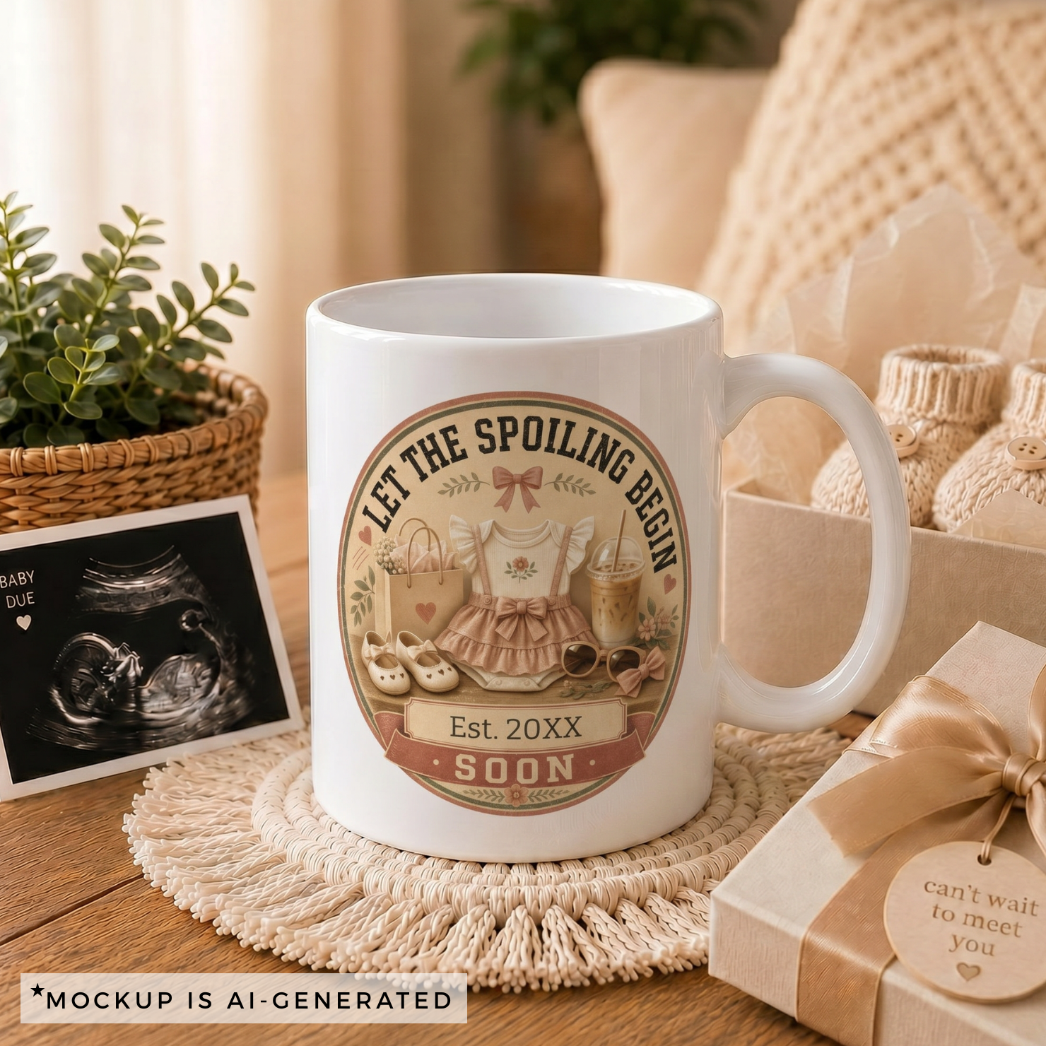 Close-up of Let the Spoiling Begin mug - coquette design with ruffled baby dress bow shoes and iced coffee