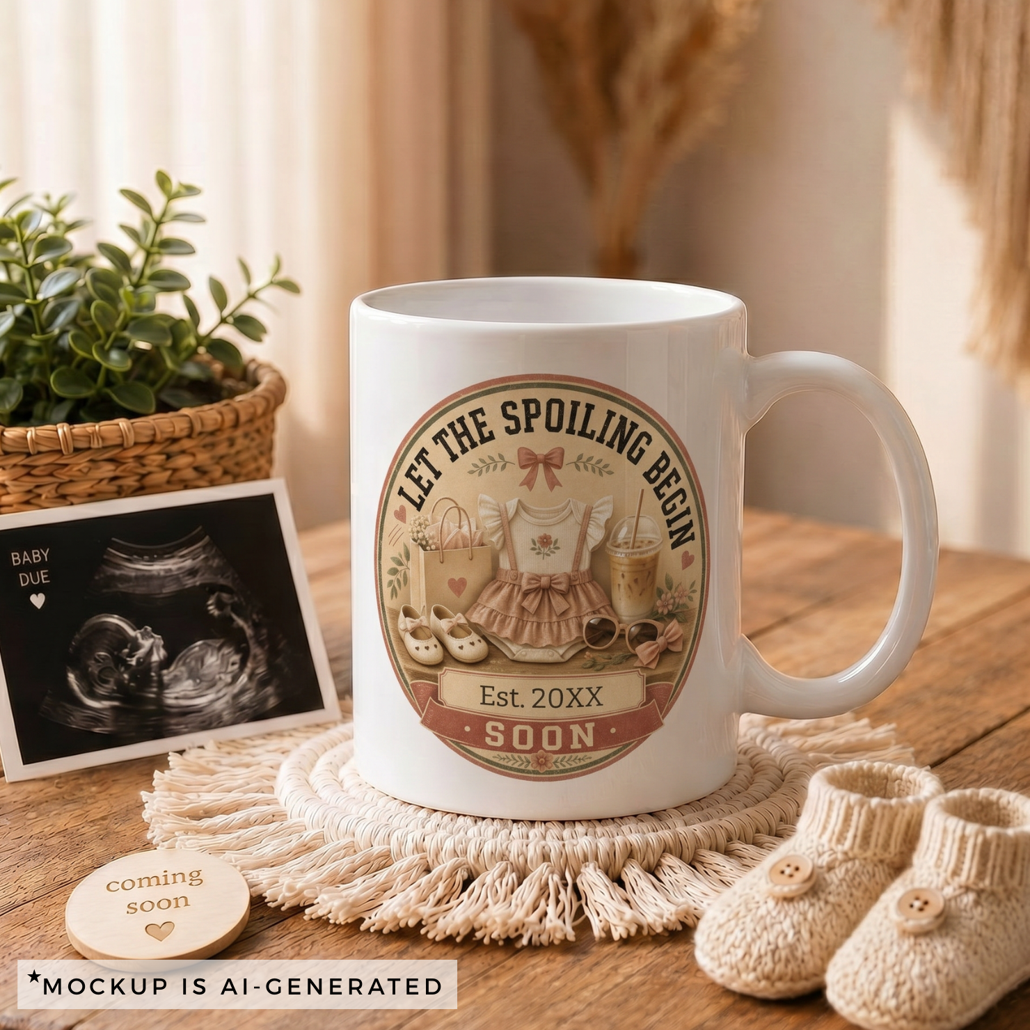 Pregnancy reveal mug for grandma - Est 20XX Soon coquette badge with shopping bag and sunglasses on white ceramic