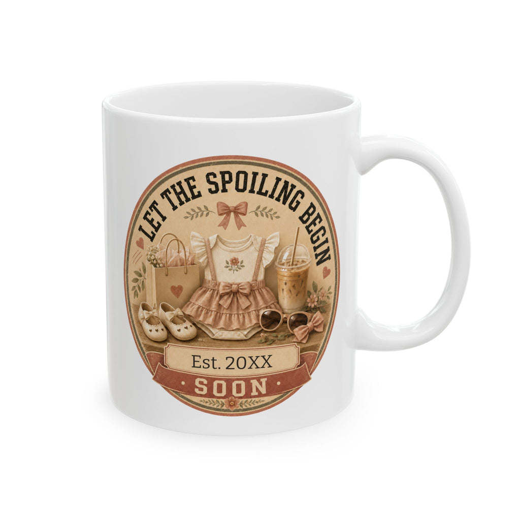 Let the Spoiling Begin pregnancy announcement mug - coquette vintage badge with baby dress bow shoes and iced coffee on white 11oz ceramic