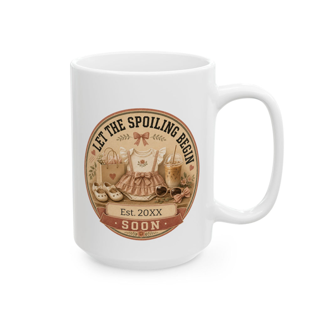 Pregnancy announcement mug for grandma 15oz - Let the Spoiling Begin coquette ceramic design