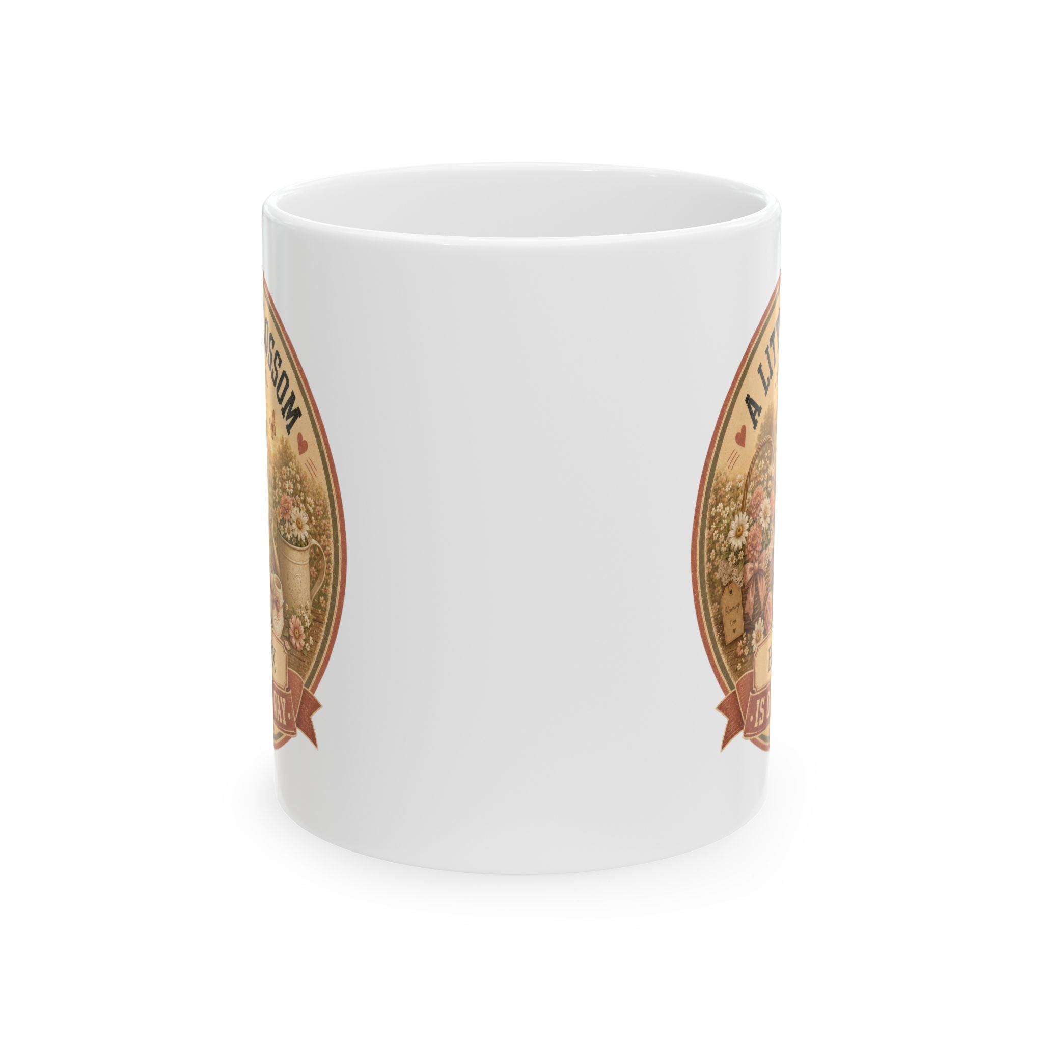 Little Blossom pregnancy reveal mug 11oz - vintage cottage garden design with Est 20XX and Is On The Way banner