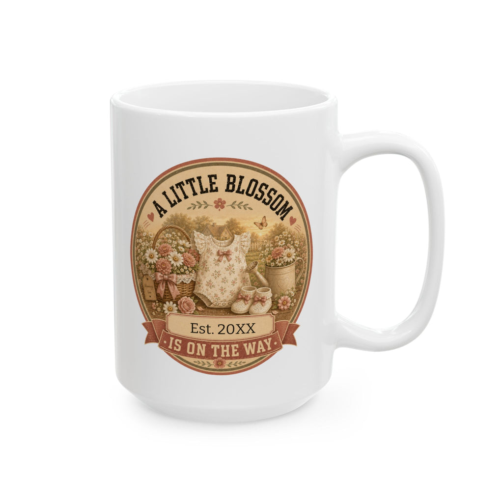A Little Blossom Is On The Way mug 15oz - white ceramic vintage garden pregnancy announcement gift for her