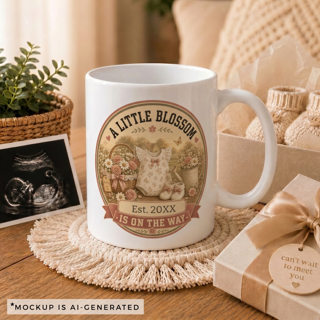 Close-up of A Little Blossom mug - vintage cottage garden design with floral baby romper flower basket and golden butterfly