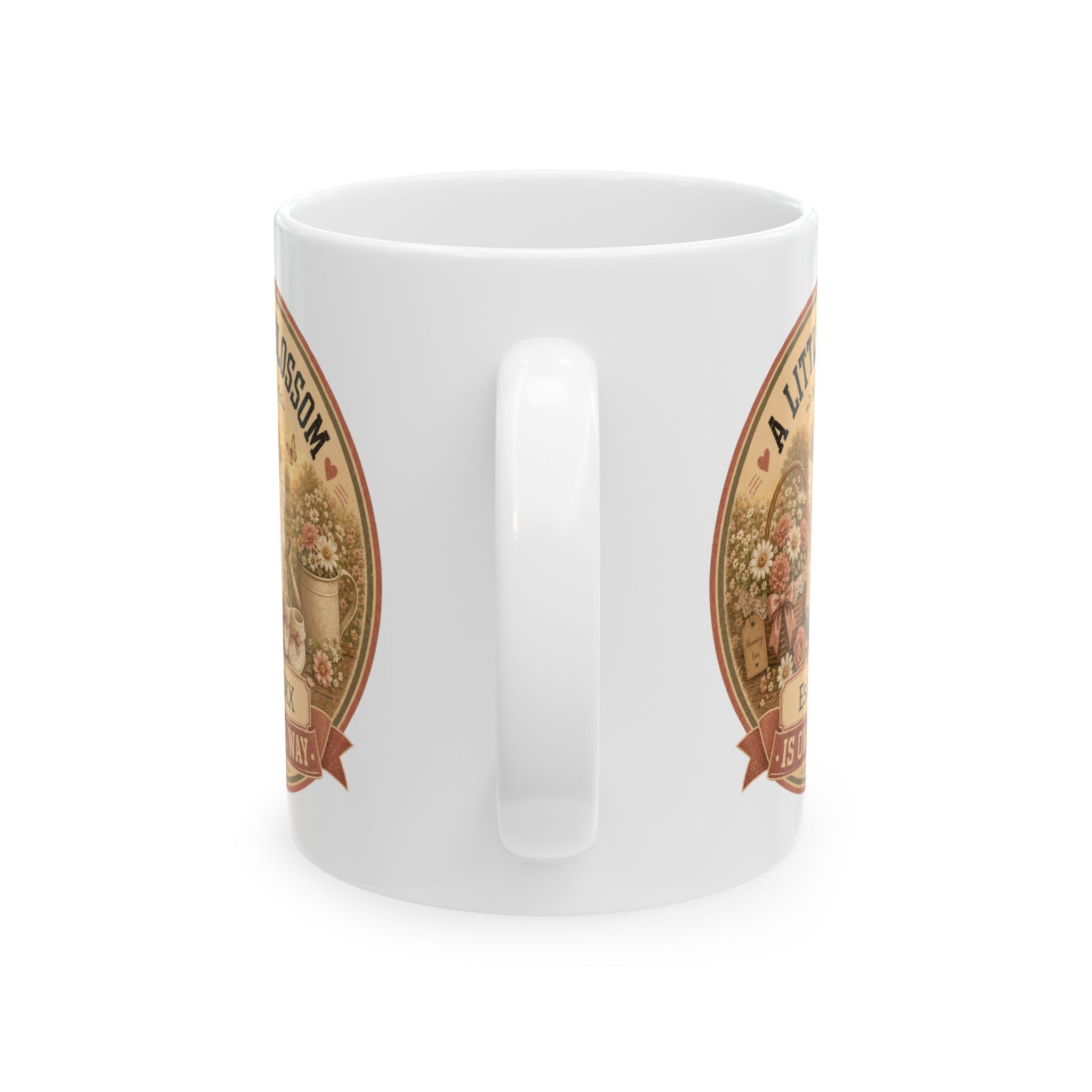 Pregnancy announcement mug for mom grandma or auntie - personalized with baby arrival year on white vintage cottage ceramic
