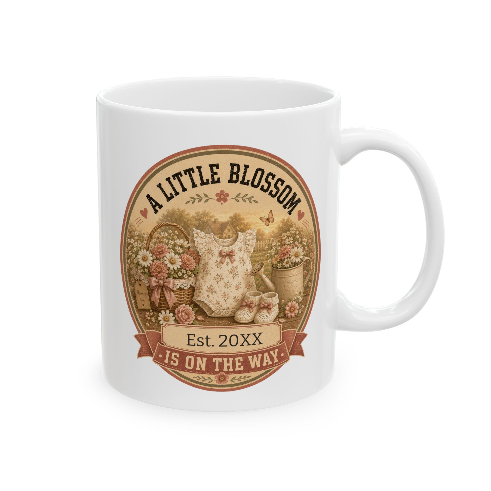A Little Blossom Is On The Way pregnancy announcement mug - vintage cottage garden scene with floral baby romper flower basket and butterfly on white 11oz ceramic