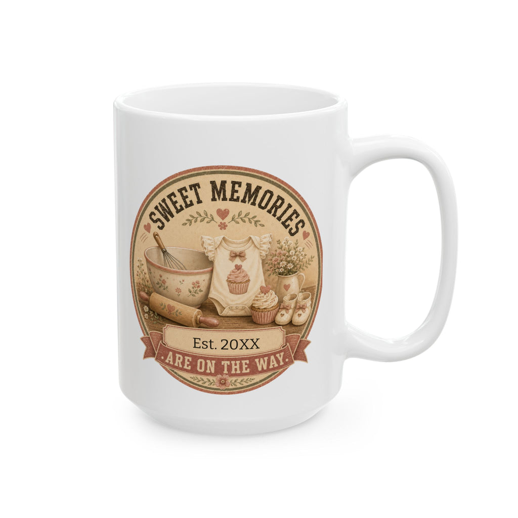 Sweet Memories Are On The Way mug 15oz - white ceramic vintage cottage pregnancy announcement gift for her