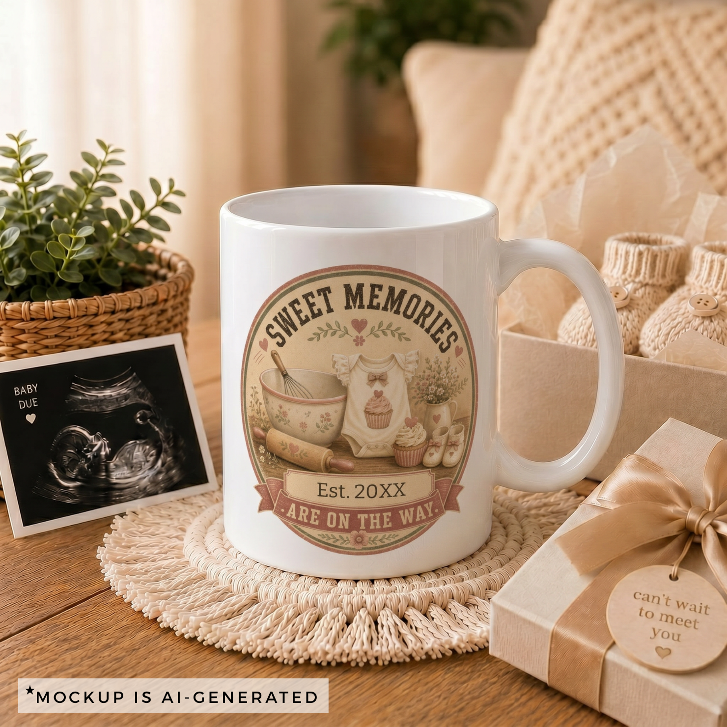 Close-up of Sweet Memories Are On The Way mug - vintage kitchen scene with cupcake baby romper mixing bowl whisk and baby shoes