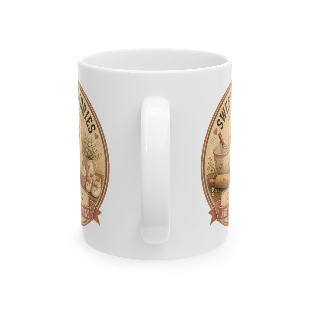 Pregnancy announcement mug for grandma mom or auntie - personalized with baby arrival year on white vintage cottage ceramic