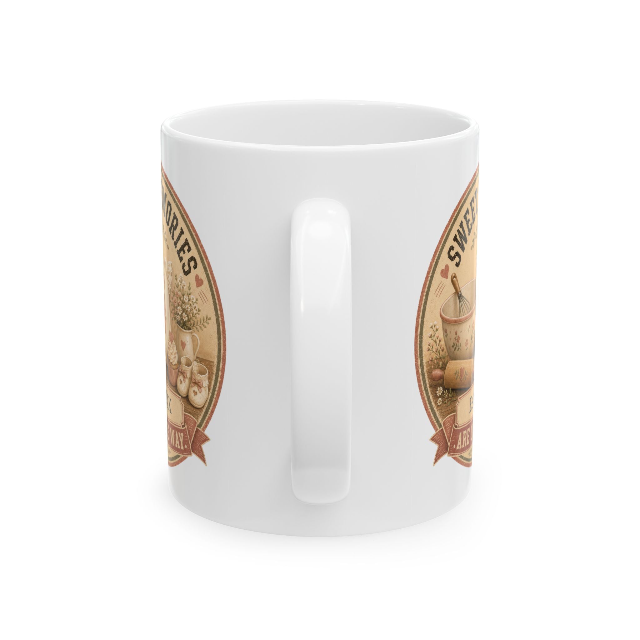 Pregnancy announcement mug for grandma mom or auntie - personalized with baby arrival year on white vintage cottage ceramic