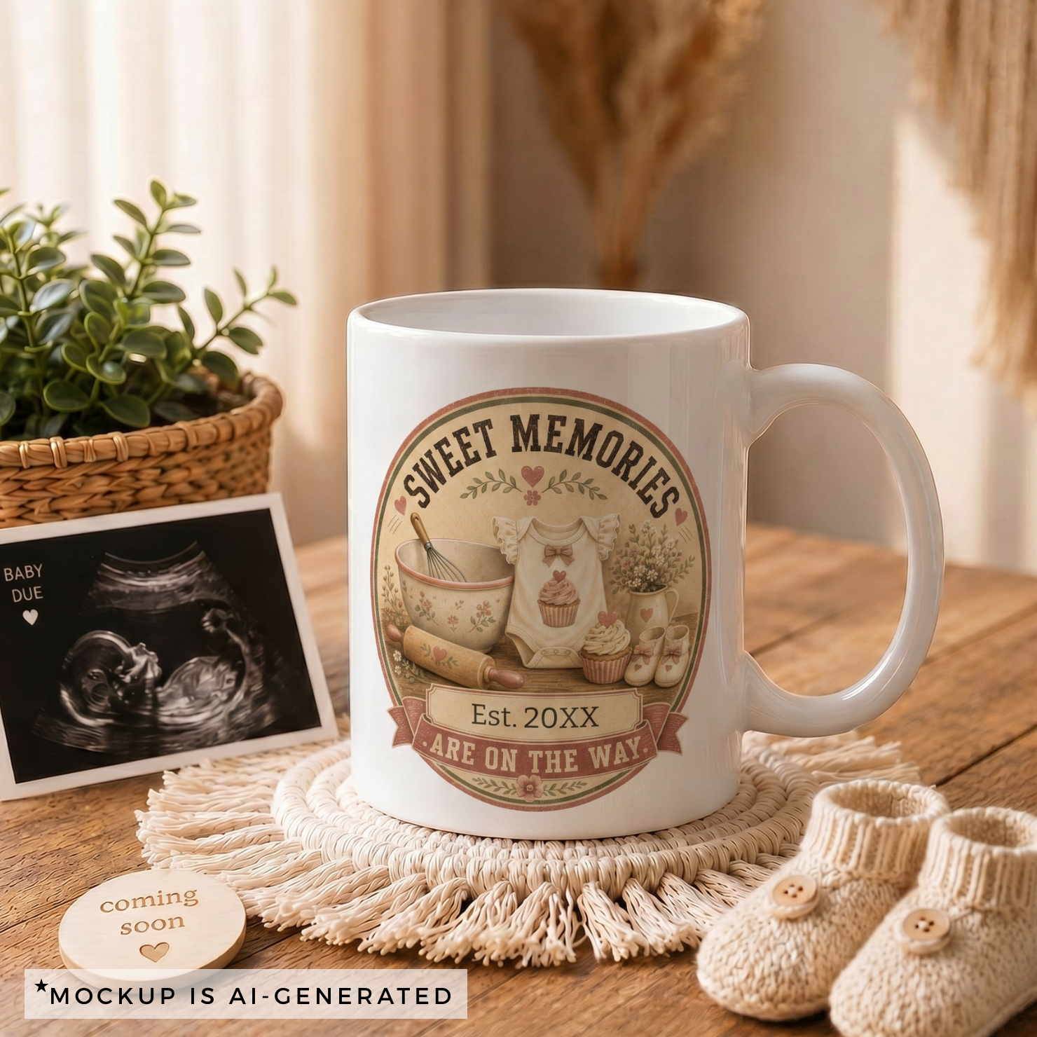 Pregnancy reveal mug Est 20XX - vintage cottage sweet memories design with cupcake romper rolling pin and flowers on white ceramic