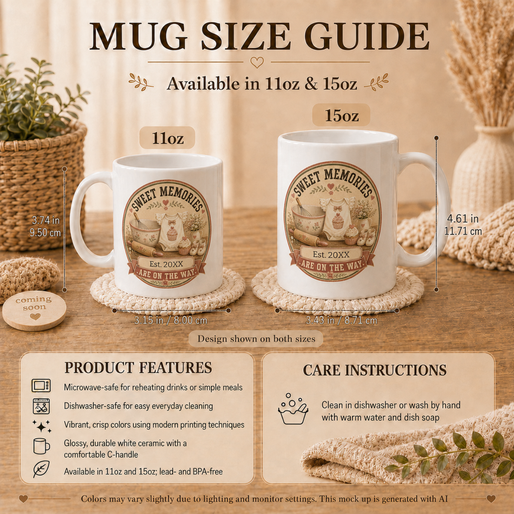 Sweet Memories pregnancy announcement mug lifestyle - heartfelt vintage reveal gift for grandma mom or auntie who loves baking