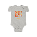 Pumpkin Spice Baby personalized onesie in ash grey - retro groovy orange typography with daisy accents and custom baby name on fall Halloween baby bodysuit