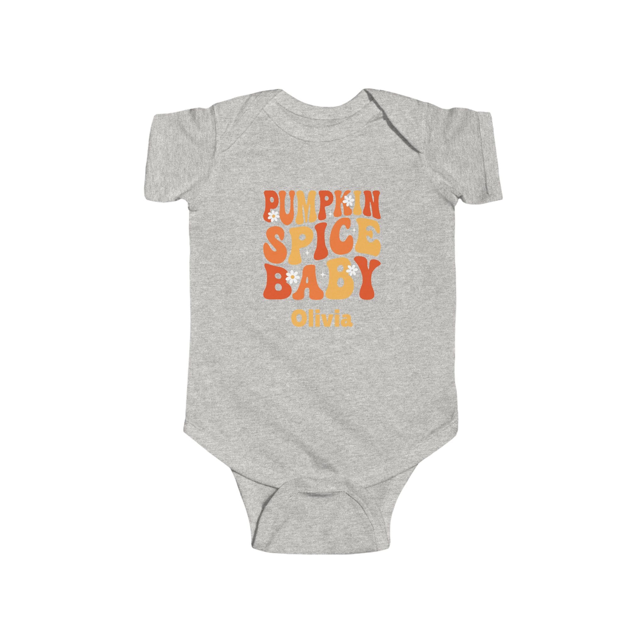 Pumpkin Spice Baby personalized onesie in ash grey - retro groovy orange typography with daisy accents and custom baby name on fall Halloween baby bodysuit