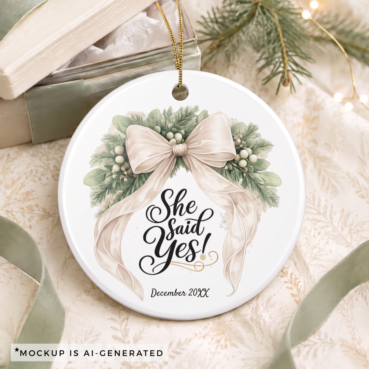Close-up of the champagne bow and personalized date on the engagement ornament