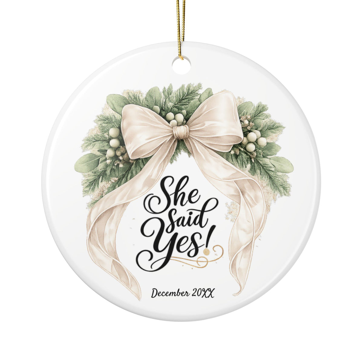 She Said Yes ornament displayed with engagement gift wrapping