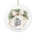 She Said Yes personalized engagement ornament with champagne bow and greenery