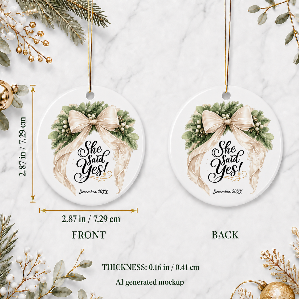 She Said Yes engagement ornament size reference on a ceramic circle