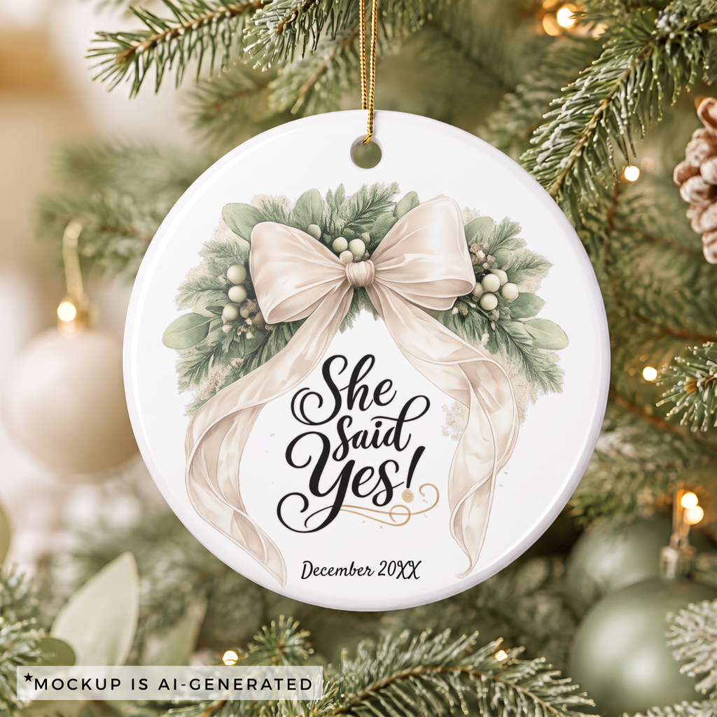 She Said Yes engagement ornament shown hanging on a Christmas tree