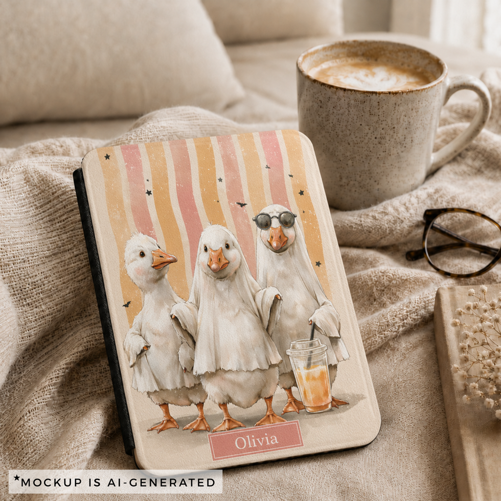 Close-up of silly goose ghost Kindle cover - watercolor geese dressed as Halloween ghosts with bats and stars