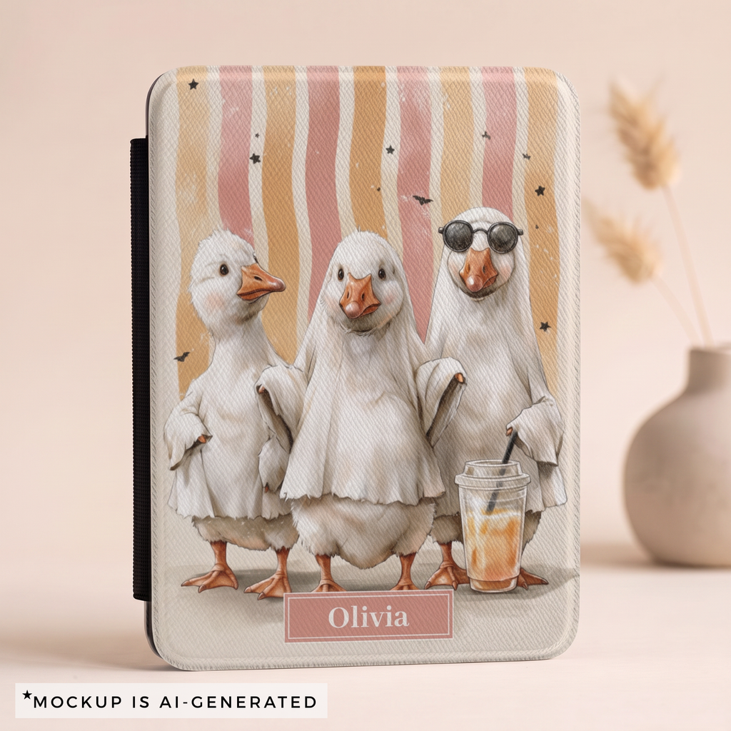 Silly goose ghost Kindle cover flat lay - funny geese in ghost costumes on pastel striped background with personalized name in pink nameplate