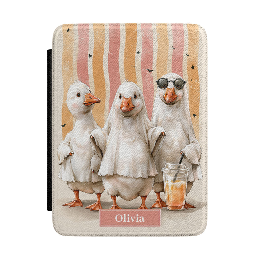 Silly goose ghost Halloween personalized Kindle cover - three watercolor geese in ghost costumes with sunglasses and iced coffee on pastel pink orange stripes with custom name
