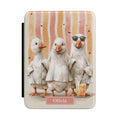 Silly goose ghost Halloween personalized Kindle cover - three watercolor geese in ghost costumes with sunglasses and iced coffee on pastel pink orange stripes with custom name