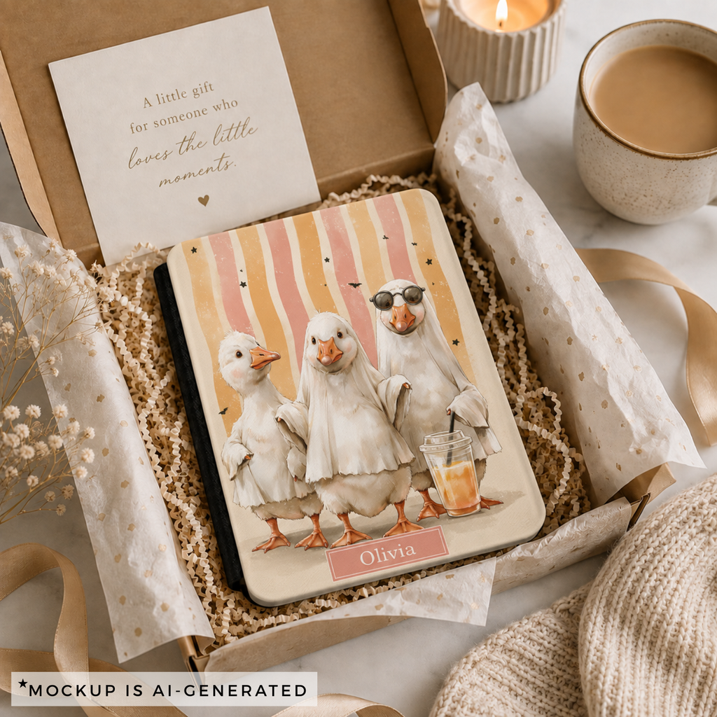Personalized silly goose Kindle cover name detail - custom name in pink nameplate on funny halloween goose design