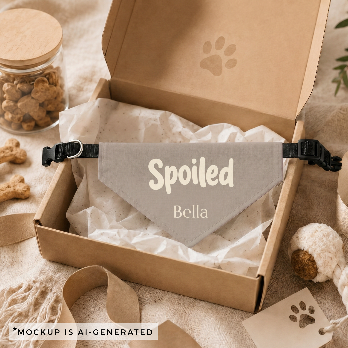 Close-up of Spoiled dog bandana - cream bold font with personalized pet name on taupe fabric