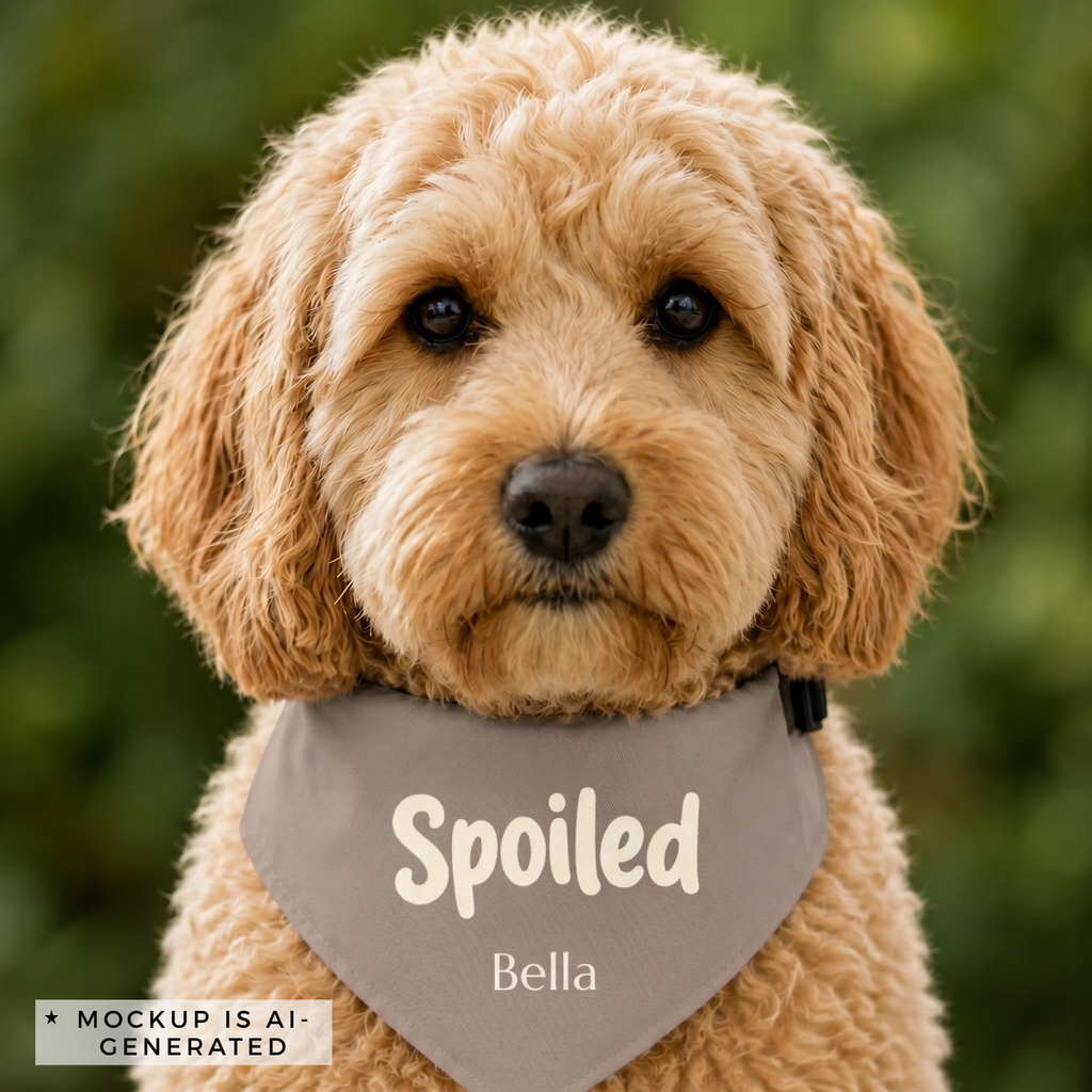 Spoiled dog bandana flat lay - taupe with bold cream Spoiled typography and custom dog name below