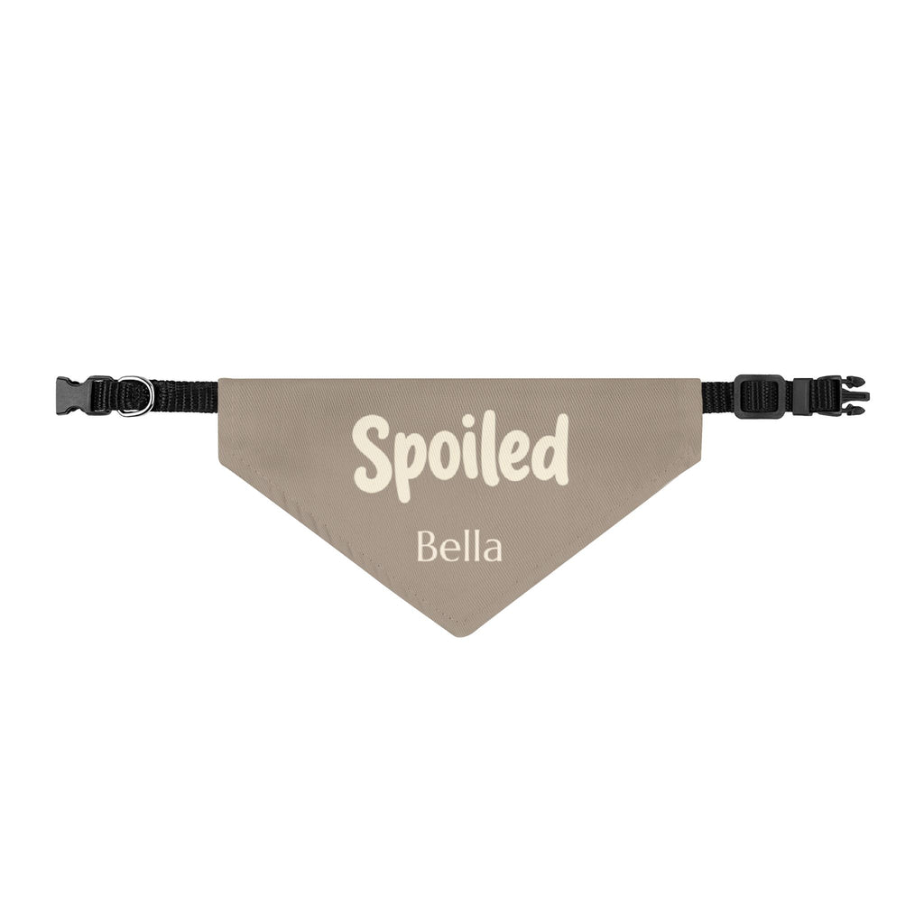 Spoiled personalized dog bandana in taupe with cream typography and custom pet name on golden doodle dog