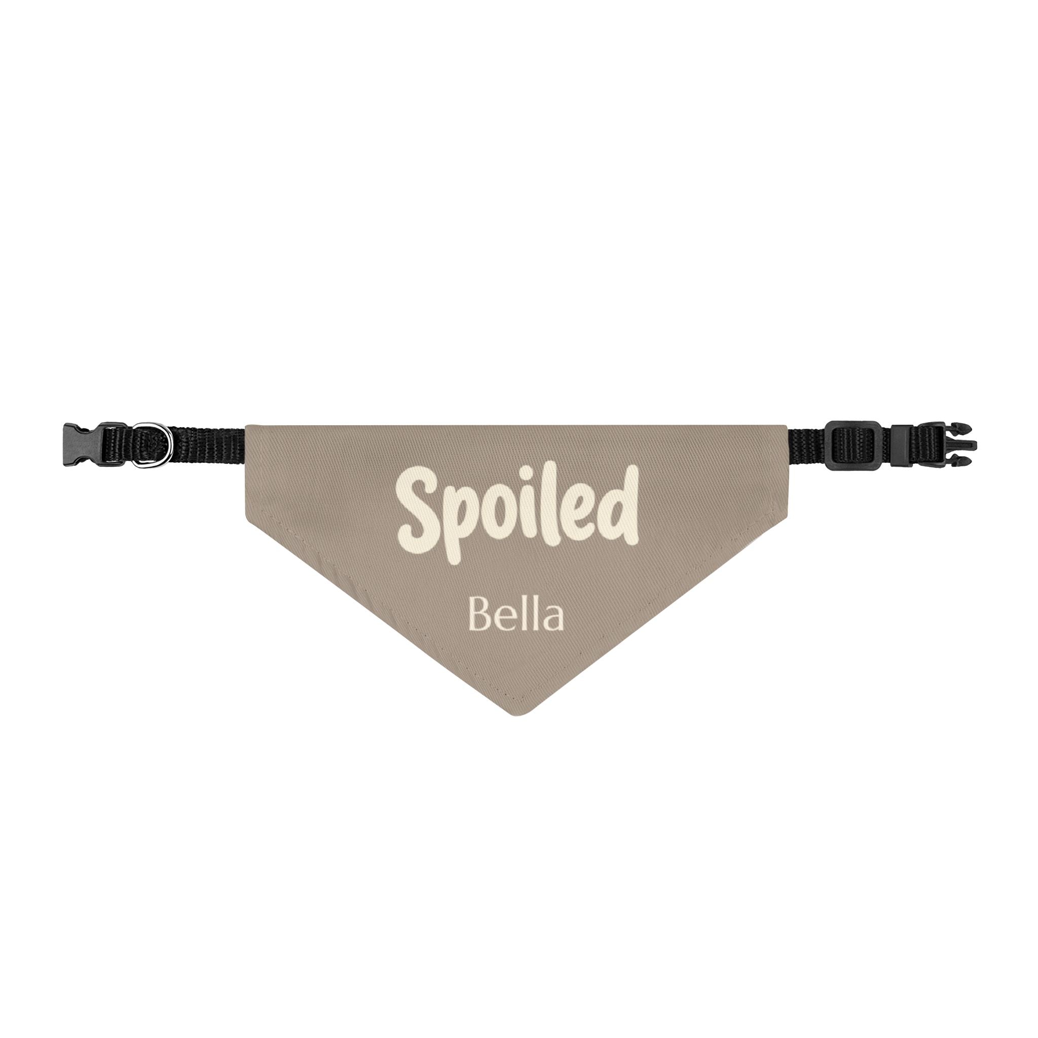 Spoiled personalized dog bandana in taupe with cream typography and custom pet name on golden doodle dog