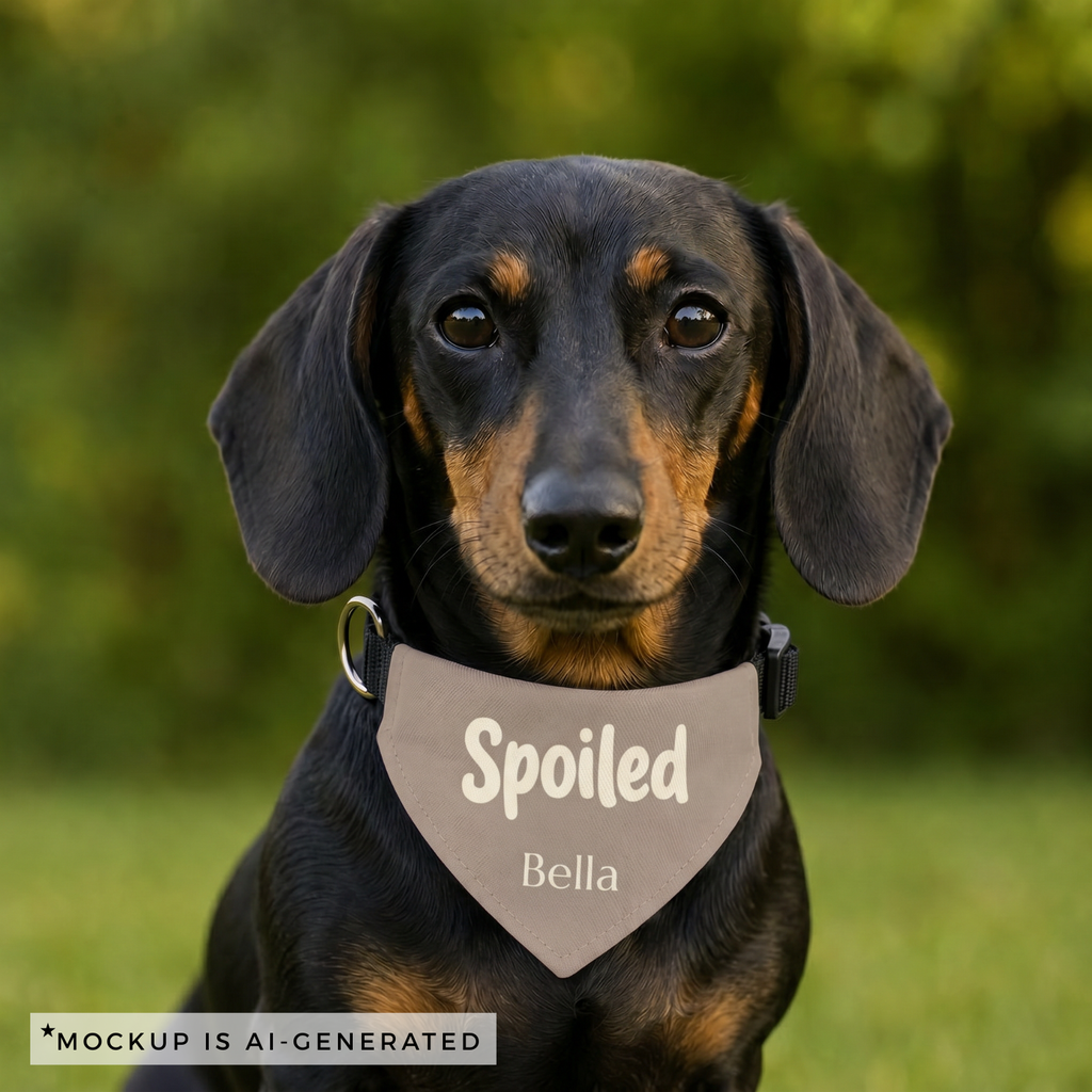 Spoiled dog bandana side view - taupe fabric with adjustable nylon collar strap and quick release buckle