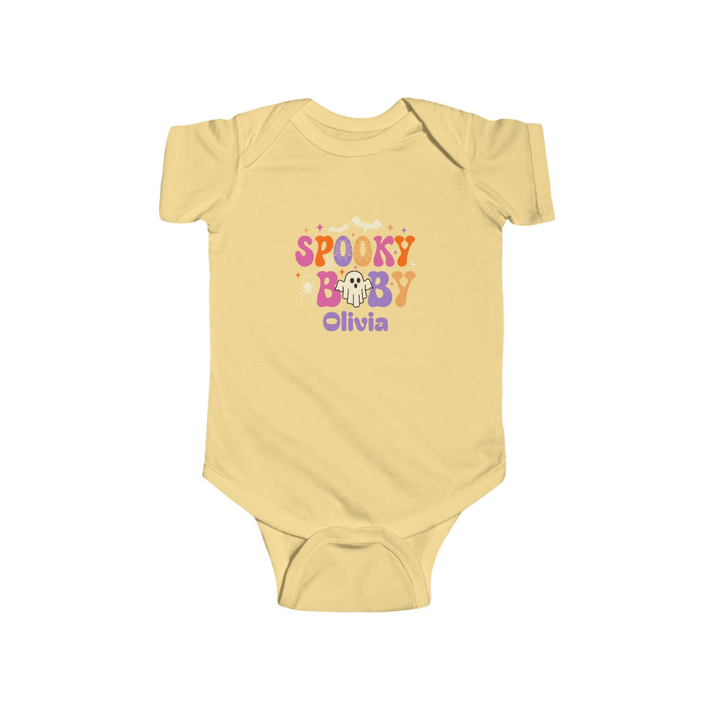 Spooky Baby Halloween personalized onesie in butter yellow - retro groovy pink purple orange ghost design with bat spiderweb sparkles and custom name in purple