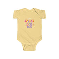Spooky Baby Halloween personalized onesie in butter yellow - retro groovy pink purple orange ghost design with bat spiderweb sparkles and custom name in purple