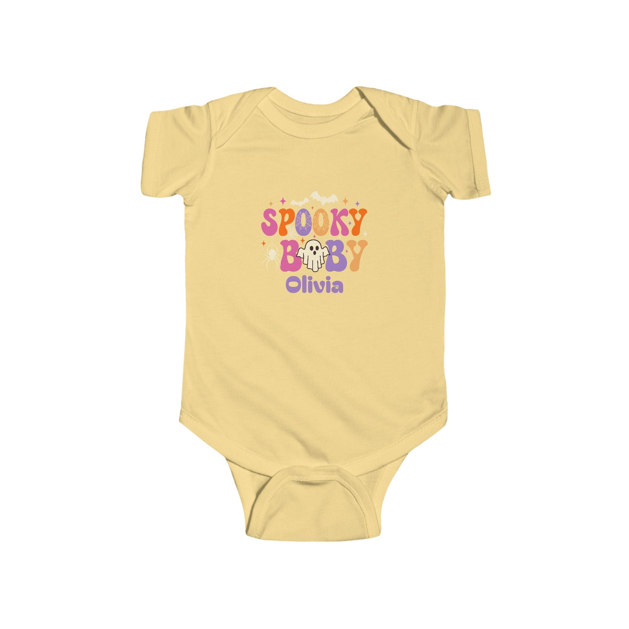 Spooky Baby Halloween personalized onesie in butter yellow - retro groovy pink purple orange ghost design with bat spiderweb sparkles and custom name in purple