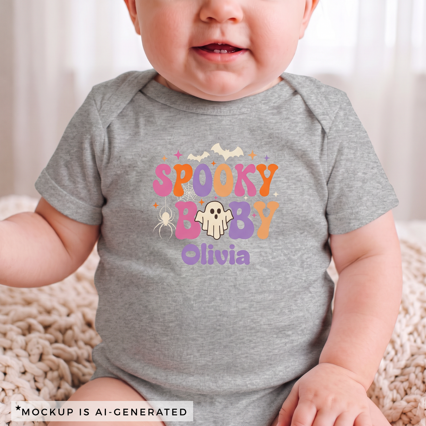 Close-up of Spooky Baby onesie design - retro groovy ghost bat spiderweb sparkles and personalized purple name