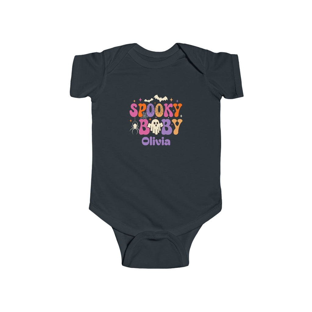 Spooky Baby Halloween onesie detail - retro groovy ghost design personalized halloween baby gift with custom purple name